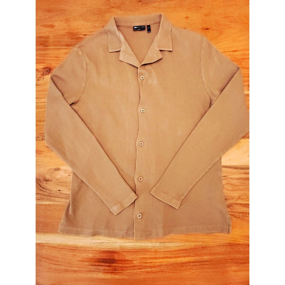 ASOS Design Mens Tan Waffle Knit Camp Collar Long Sleeve Button Up Medium